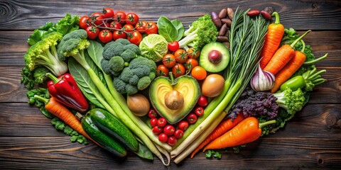 Heart Shaped Veggie Arrangement on Wooden Background, healthy food ,vegetarian diet