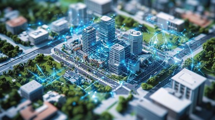 Obraz premium Aerial view of a modern urban cityscape with digital connections, showcasing skyscrapers and green spaces in a sunny environment