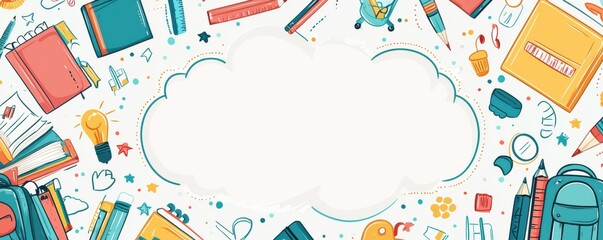 Cute school-themed blank white card with colorful stationery border for educational and creative projects