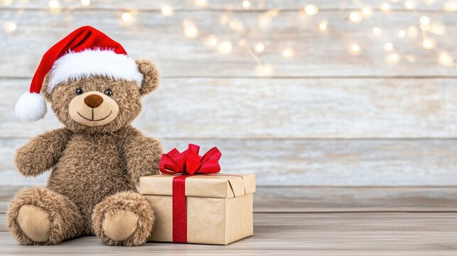 A cozy teddy bear in a Santa hat sits beside a festive gift box, illuminated by sparkling Christmas tree lights
