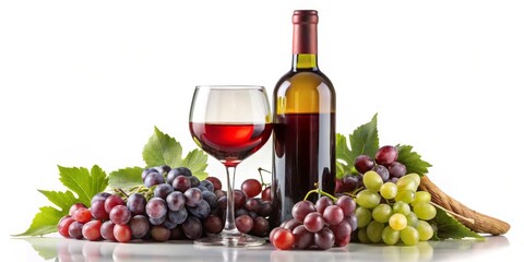 Red Wine with Grapes in a Glass and Bottle, white background, grapes, wine, drink ,food