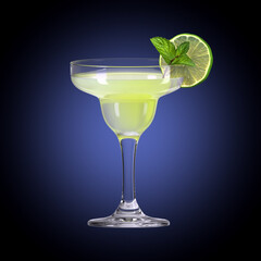Margarita cocktail glass on accent gradient background. Bar theme. Drink with lime and mint. 3d rendering.