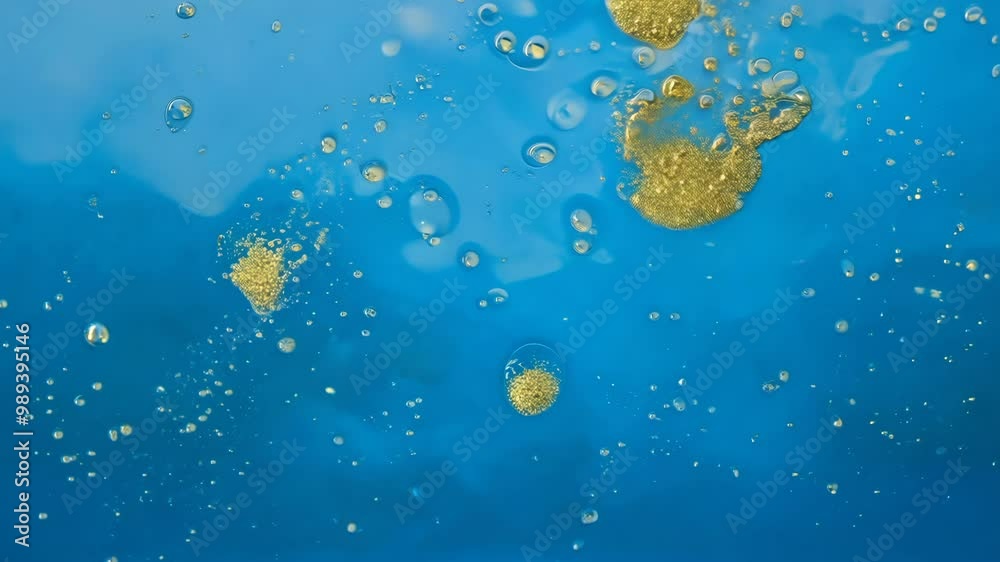 Poster Dynamic drops of yellow glitter in blue oil or ink diffusing through water, creating an abstract aquatic swirls