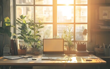 Fototapeta premium Tranquil Monday Morning in Organized Office with Sunlight Streaming Through, Peaceful Workspace Concept