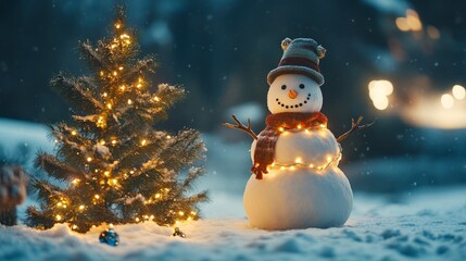 Obraz premium Snowman wrapped in twinkling lights beside a decorated Christmas tree in a snowy outdoor setting