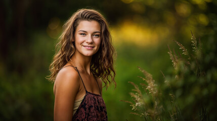 Naklejka premium Radiant young woman with wavy brown hair smiles confidently in nature, wearing a patterned top, surrounded by soft bokeh and wild grasses on a sunny day