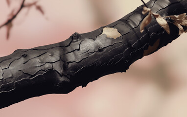 A charred tree branch after a fire. Forest fires. Environment. Environmental safety For Banner, poster, background The concept of wildfires