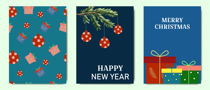 Set of Christmas and New Year greeting cards with gifts, decorations and pine branches for holiday celebration and seasonal decor