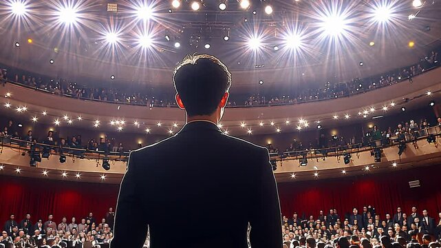 A speaker stands on stage in a beautifully lit theater, addressing an engaged audience filled with anticipation and excitement for the presentation.