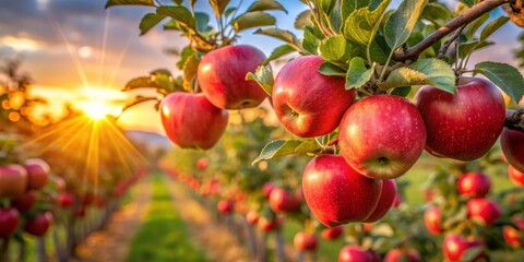 Obraz premium Sunset Glow on Ripe Apples in Orchard, fruit, orchard