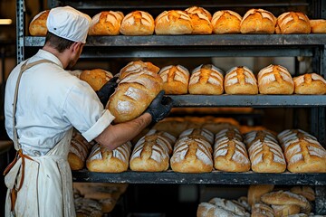 Baker arranging freshly baked loaves on shelves in a warm bakery