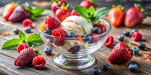 Vanilla Ice Cream with Berries and Mint in Glass Bowl, ice cream , dessert