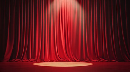 A deep red curtain hangs closed on a stage, a single spotlight shining brightly. It's the setting for an upcoming art performance.