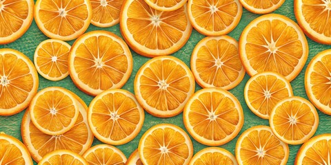 Vibrant Orange Slices Pattern on Green Background, citrus, fruit