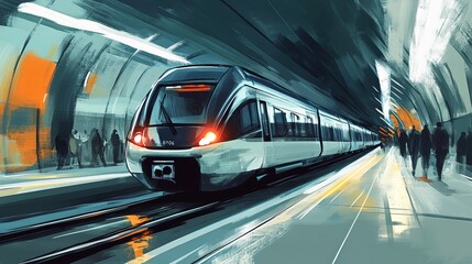 Fototapeta premium A drawing of a sleek, modern metro train speeding through a busy train station.