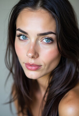 Obraz premium クローズアップの肖像画に捉えられた、ノースリーブのトップスを着た青い目をした思慮深い女性