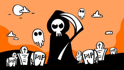 Halloween Background Grim, Spirit Ghosts, Creepy Tree and Gravestone on Orange Sky in Vector Art