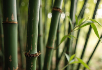 Obraz premium 背景をぼかした写真の緑の竹の茎のクローズ アップ