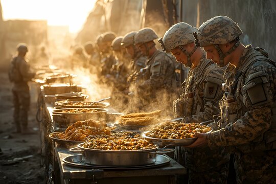 Soldiers enjoying a hot meal during deployment at sunset in the field