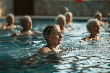 Seniors enjoying water aerobics class in indoor pool on sunny day