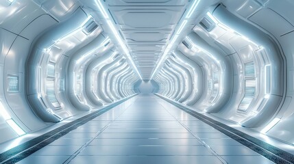 Obraz premium Futuristic space station interior with glowing lights and sleek, modern design featuring curved walls and a long corridor