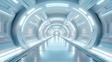 Obraz premium Futuristic space station interior with glowing lights and sleek, modern architecture in a science fiction environment, capturing a sense of innovation and high technology.