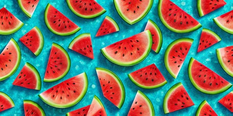 Watermelon Slices on Blue Background - Summer Fruit Pattern, Watermelon, Summer Fruit