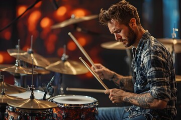 Drummer passionately performing on stage during a live music event