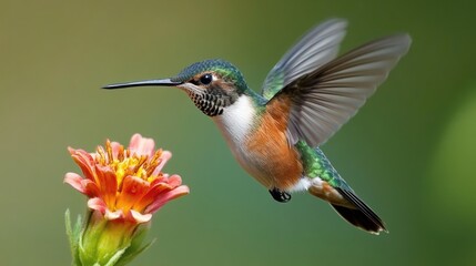 Fototapeta premium Hummingbird in Flight, Hovering Near a Flower