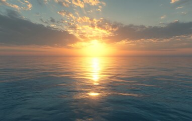 Obraz premium Tranquil Sunday Sunset: 3D Render of Serene Ocean Horizon with Realistic Lighting and Reflections