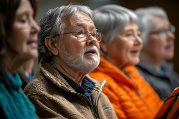 Elderly choir members singing together during a community event