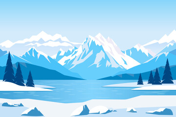 Amazing winter landscape of snow-capped mountains, forests and lakes. Ice blocks on the shore of a lake overlooking beautiful mountains. Winter nature vector illustration.