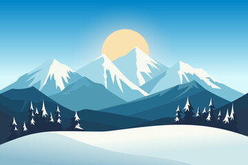 Beautiful winter mountain landscape. Amazing view of the mountains against the backdrop of the forest and ski slope. Vector illustration for Christmas, New Year or sports design.