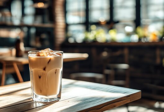 iced latte in a glass in a cafe. latte coffee by the window in a cozy cafe. sunlight. minimal background, sun rays with shadows. Copy space.
