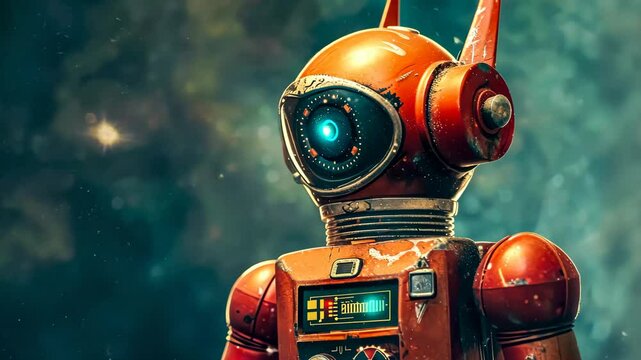 Vintage robot exploring space with glowing lights