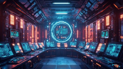 High-tech control room with futuristic computer screens and neon lighting in a sci-fi environment