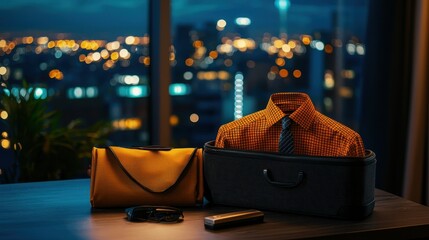 Business travel essentials on table with city skyline at night.