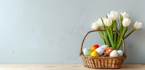 Easter Basket with White Tulips and Colorful Eggs