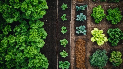 Aerial view of vibrant vegetable garden rows. Organic farming and sustainable agriculture concept