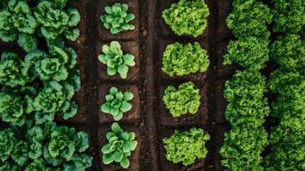 Aerial view of vibrant vegetable garden rows. Organic farming and sustainable agriculture concept