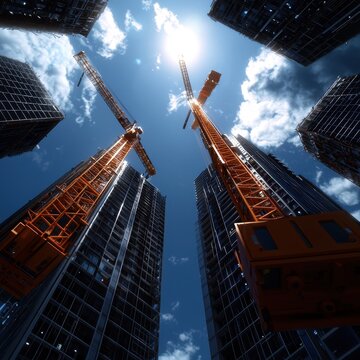 Construction cranes against a blue sky with clouds.