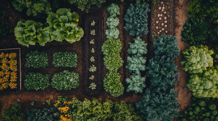 Aerial view of vibrant vegetable garden rows. Organic farming and sustainable agriculture concept