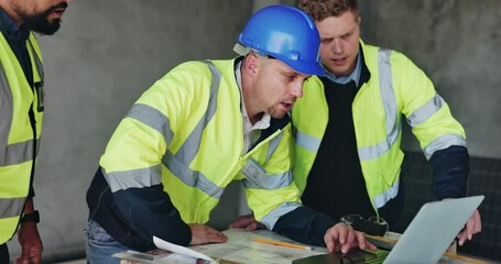Teamwork, planning and engineering with people and laptop for construction site, blueprint and building renovation. Collaboration, project management and architecture with contractor for design