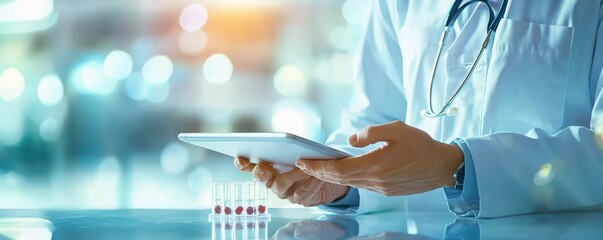 Doctor holding tablet and test tubes in a laboratory setting with blurred background.