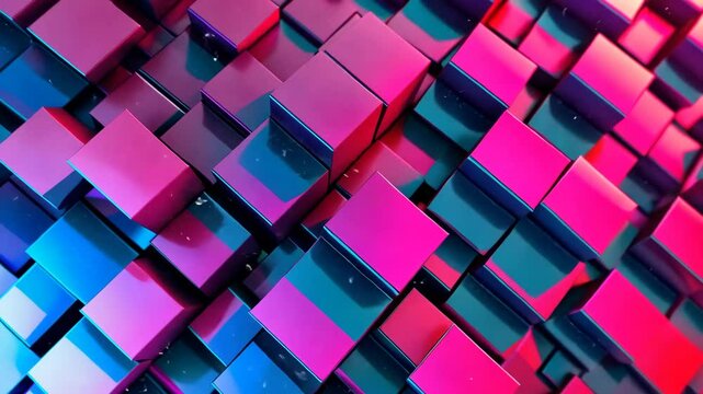 Shiny metallic cubes moving with blue and pink lights