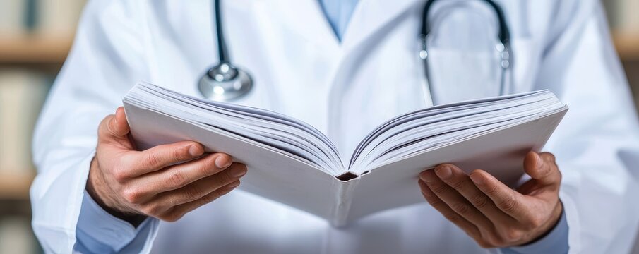 Doctor reading medical book with stethoscope, professional healthcare setting.