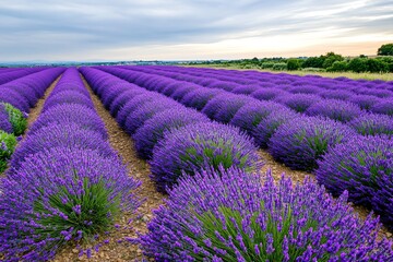 Naklejka premium A lavender field in full bloom, stretching toward the horizon with purple flowers glowing in the soft evening light