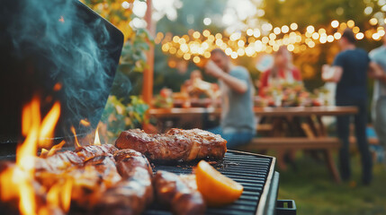 Outdoor barbecue gathering with grilled meats and festive string lights in backyard