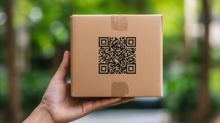 Hand holding a cardboard box with a QR code in a blurred green background.