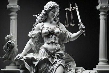 Obraz premium Statue of Lady Justice Holding a Sword, Crafted from White Marble, Symbolizing Justice and Law.